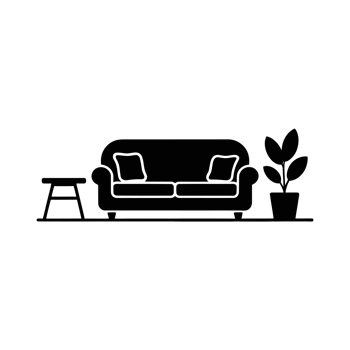 A minimalistic silhouette shows a living room setup with a sofa, a small side table, and a potted plant cutouts png