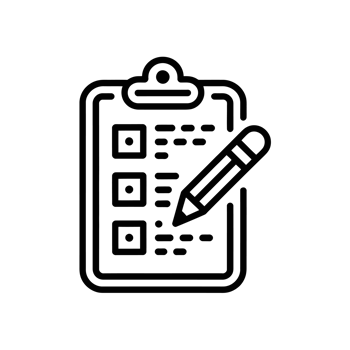 A black line drawing depicts a clipboard with checkboxes and a pencil. cutouts png