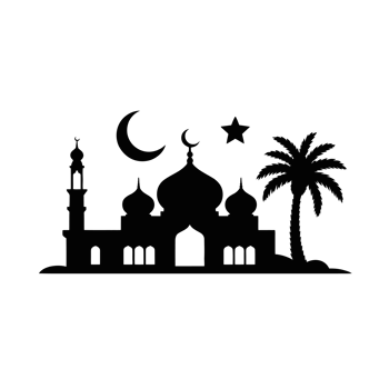 A mosque silhouette stands against acrescent moon and star, along with a palm tree cutouts png