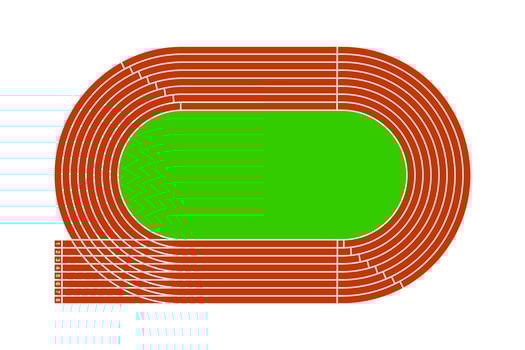 Red running track with green grass field. Stadium top view. Racetrack for sprint, marathon or other athletic sports competition isolated on white background. flat illustration vector