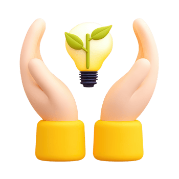 3D icon Yellow hands with blue sleeves holding a lightbulb with a green sprout, representing nurturing green ideas or supporting sustainable innovation. Isolated. png