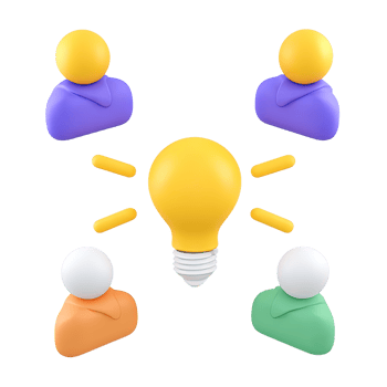 3D icon Bright yellow lightbulb surrounded by diverse abstract people icons, symbolizing brainstorming, teamwork, collective ideas, and collaborative innovation. Isolated. png