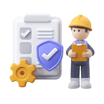 3D icon Worker in hard hat with clipboard, gear, and shield with checkmark, representing safety compliance, secure industrial operations, or validated work. Isolated. png