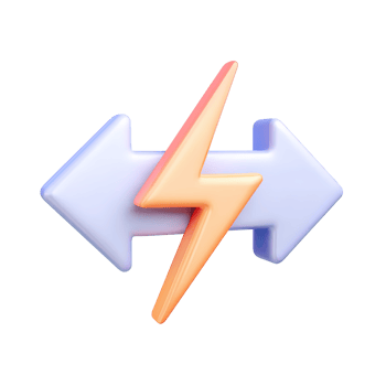 3D icon Two opposing horizontal arrows blue and white with a lightning bolt between them, symbolizing energy transfer, power exchange, or dynamic conflict. Isolated. png