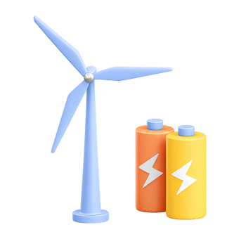 3D icon Wind turbine with two batteries featuring lightning bolts, representing renewable energy storage, green power solutions, and sustainable energy. Isolated. png