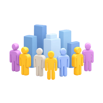 3D icon Diverse group of abstract people figures standing before city like blocks, symbolizing urban community, diverse population, or societal structure. Isolated. png