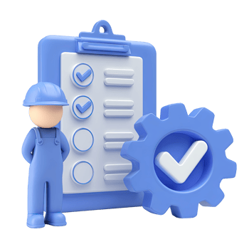 3D icon Worker with clipboard checklist, and a large gear with a checkmark, symbolizing quality control, approved task completion, or system validation. Isolated. png