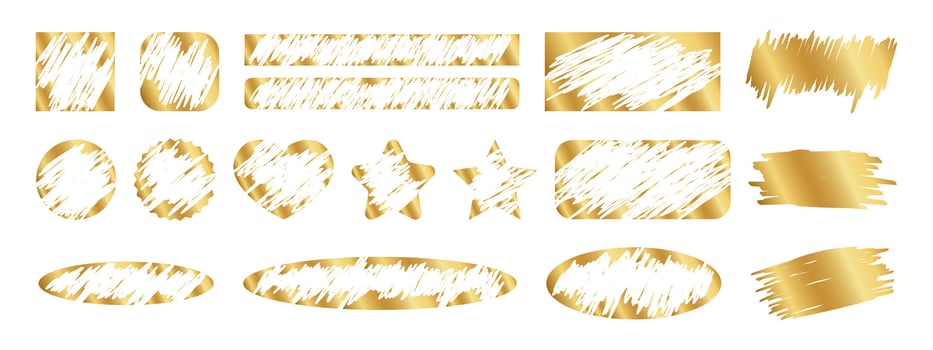 Set of gold scratch card surfaces in square and circle, rectangle and oval, star and heart forms. Collection of winner lotteries, sale coupons, jackpot scratchcards templates. illustration vector