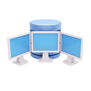 3D icon three computer monitors around server database stack for data center network hosting Isolated rendered graphic for IT infrastructure and information tech png