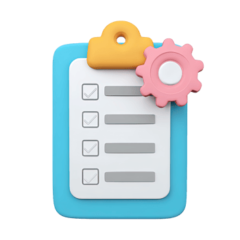 Blue 3D clipboard checklist pink gear for task list config or project workflow setting Isolated rendered graphic for process management tool and planning png