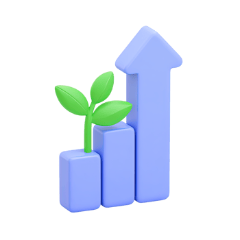 Blue 3D bar chart with upward arrow and green leaves representing business growth and development Isolated rendered graphic for flourishing investments and positive trends png