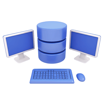 3D workstation two monitors keyboard mouse server database stack for IT infrastructure and data management Isolated rendered graphic for network admin and tech png