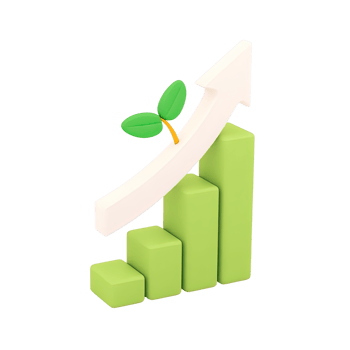 Green 3D bar chart with upward arrow and leaves symbolizing sustainable growth and eco-friendly investment Isolated rendered graphic for environmental progress and green economy png