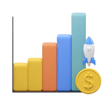 3D bar chart with increasing bars dollar coin and rocket symbolizing financial growth and investment success Isolated rendered graphic for business startup progress and profit png