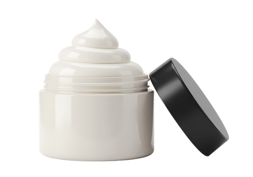 Creamy White Moisturizer in Open Jar with Black Lid on Transparent Background 3D Render of Cosmetic Product png
