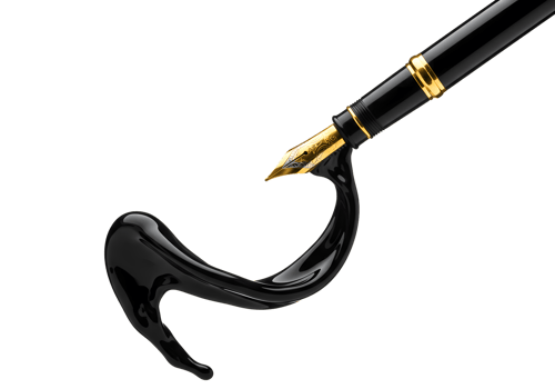 Elegant Black and Gold Fountain Pen with Ink Flowing Transparent Background Writing Concept png