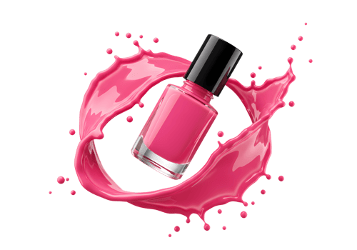 Pink Nail Polish Bottle in Splash 3D Render Transparent Background Cosmetics Product Beauty Advertising png
