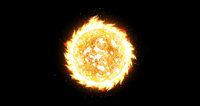 Burning fireball or solar sphere with intense flames and glowing energy on black background for scifi covers, cosmic designs, warming infographic. Hot sun BG. illustration vector