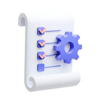 3D icon Rolled scroll with checklist and blue gear symbolizing project plan settings historical record configuration or process setup Isolated png
