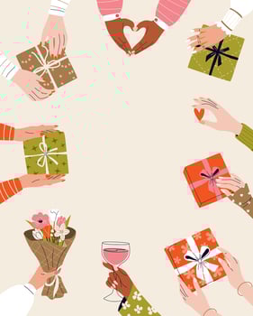 Vertical celebration background with space for text. Hands holding various gift boxes, bouquet of flowers, glass of wine. Festive banner for Happy New Year, Valentine's Day, Birthday or Sale designs. vector