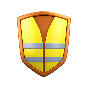 3D orange construction safety vest on a yellow shield, representing worker protection and high visibility gear. Isolated rendered graphic for construction site safety and security. png
