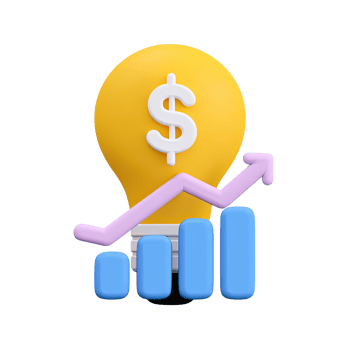 3D dollar sign lightbulb above a bar chart with an upward arrow, symbolizing profitable ideas and financial growth. Isolated rendered graphic for investment strategy and business innovation. png