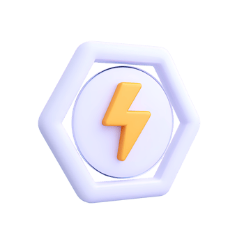 3D hexagonal white frame containing a yellow lightning bolt, symbolizing power, energy, and electricity. Isolated rendered graphic for technology, charging, and high voltage concepts. png