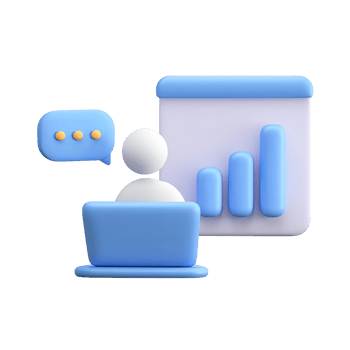 3D person at a laptop with a bar chart and speech bubble, for online presentation or data analysis. Isolated rendered graphic for remote work and business reporting concepts. png