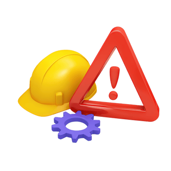 3D yellow hard hat, blue gear, and red warning triangle with exclamation mark. For construction safety and industrial hazard alert. Isolated rendered graphic for risk management concepts. png