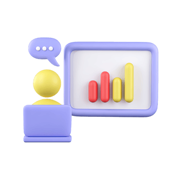 3D person at a desk with a bar chart and speech bubble, symbolizing a business presentation or financial report. Isolated rendered graphic for data visualization and communication. png