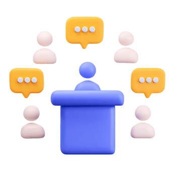 3D person at a podium addressing an audience, with speech bubbles, for conferences or public speaking. Isolated rendered graphic for seminars and group communication. png