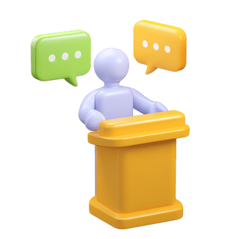 3D person standing at a yellow podium with speech bubbles, for a presentation, speech, or lecture. Isolated rendered graphic for public speaking and announcement concepts. png