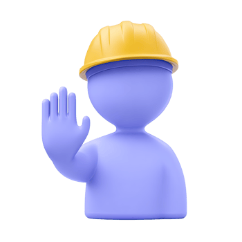 3D construction worker figure in a yellow hard hat making a stop gesture with their hand. For safety warnings or work halt. Isolated rendered graphic for danger alert. png