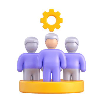 3D team of people figures with a gold gear above, symbolizing teamwork, collaboration, and collective process. Isolated rendered graphic for project teams and organizational synergy. png