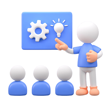3D person presenting innovation strategy gear lightbulb to an audience. Isolated rendered graphic for business meetings, team training, and project presentations. png