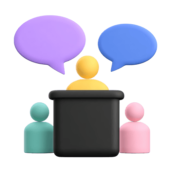 3D person at a podium with speech bubbles, representing public speaking, a presentation, or a lecture. Isolated rendered graphic for conference and communication concepts. png