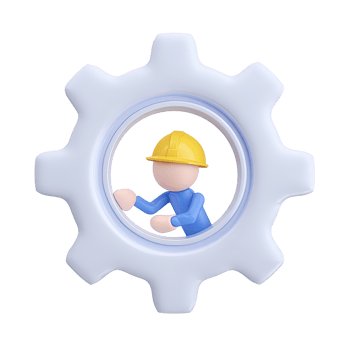 3D icon Light blue gear with a worker figure representing engineering technical staff or a person in a system or process Workforce Isolated png