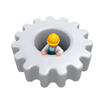 3D icon White gear with a small construction worker inside symbolizing manufacturing industrial work or a skilled laborer in mechanics Isolated png