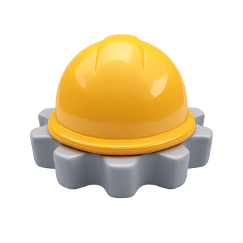 3D icon Grey gear with a yellow hard hat symbolizing industrial engineering construction safety or mechanical maintenance worker Industry Isolated png
