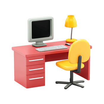 3D icon Red office desk with computer lamp and yellow chair Represents a vibrant workstation creative office or productive environment Isolated png