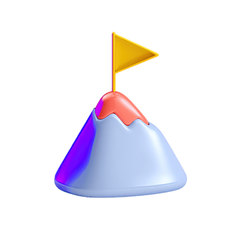 3D stylized mountain with blue base, purple peak, snow, and yellow flag. Represents achieving colorful goals, unique triumphs, or creative success journey clearly. png