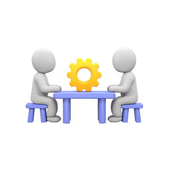 Two figures at table with gear between them 3D rendered icon for technical collaboration problem solving meeting or joint engineering project png