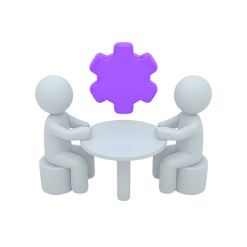 Two figures at table with gear above 3D rendered icon for technical discussion strategic planning engineering meeting or process optimization png