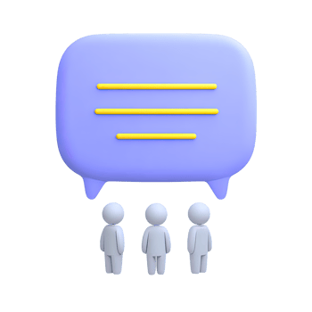 Three figures under speech bubble a 3D rendered icon representing group chat team communication online discussion forum or collective feedback png