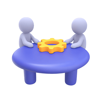 Two figures at round table touching central gear 3D rendered icon for collaborative engineering joint problem solving or teamwork on process png