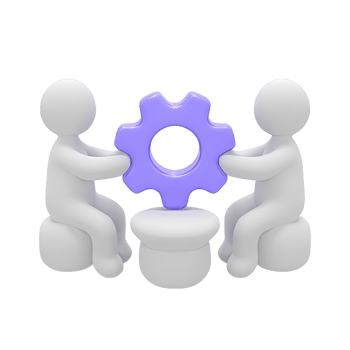 Two figures collaborating on a gear mechanism 3D rendered icon for teamwork problem solving process improvement engineering or building solutions png