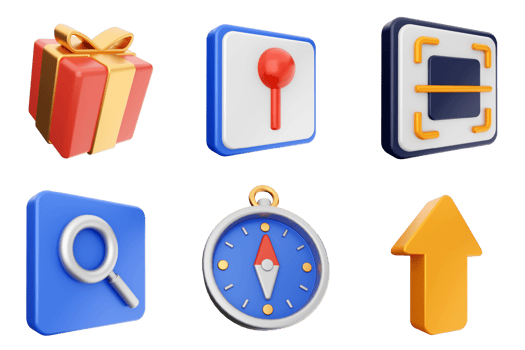 A set of icons that include a compass, map, and other items png