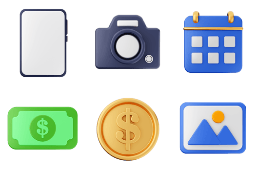 A set of icons that include a dollar bill, a coin, a calendar, and a camera png