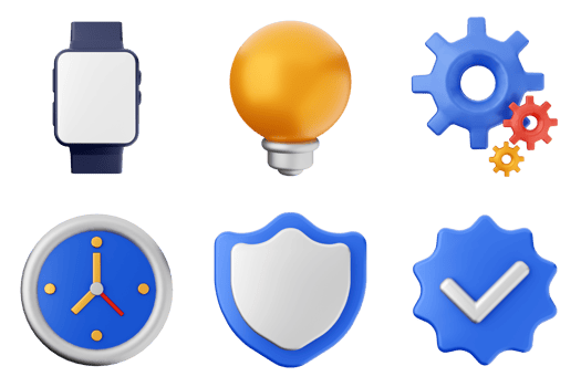 A set of icons that include a clock, a watch, a light bulb, a gear, png