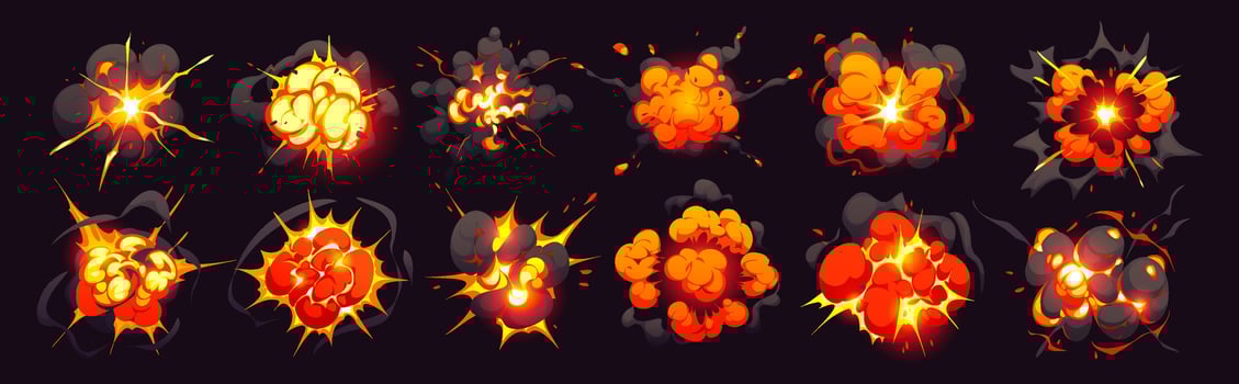 Bomb blast explosion effect, cartoon boom clouds vector
